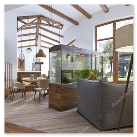 Bucatarie rustica cu piatra si grinzi de lemn